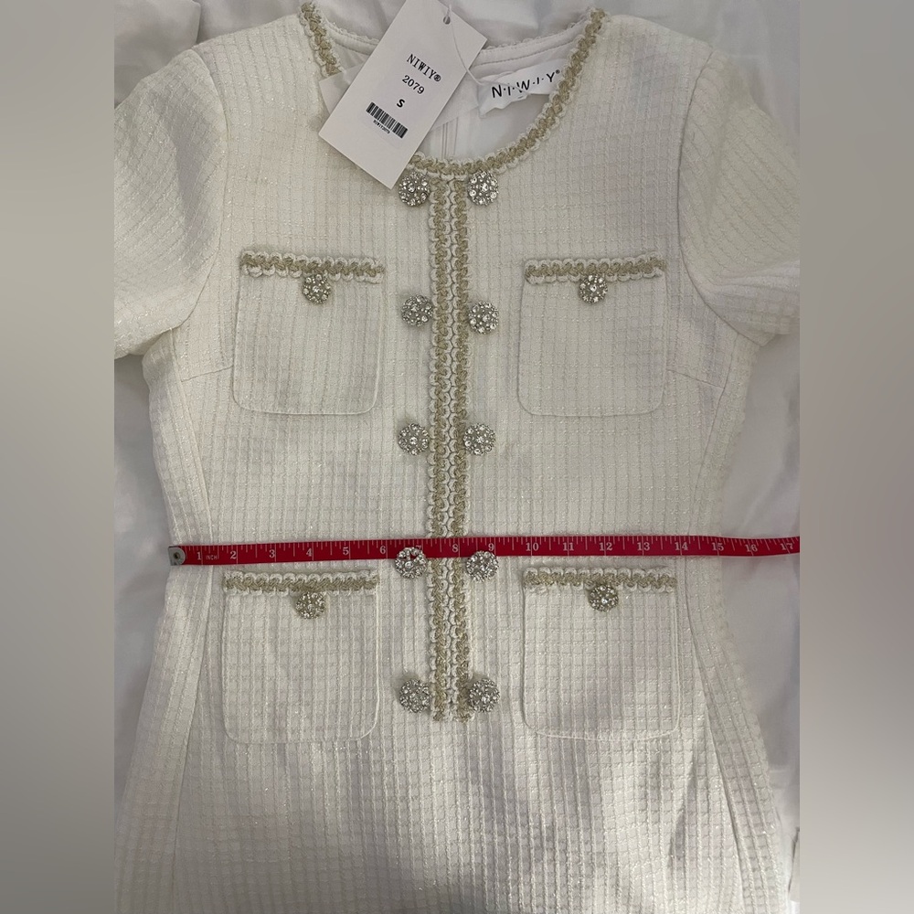 NIWIY White Tweed Rhinestone Mini Dress NWT Size S - Picture 10 of 11